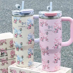 SITARAYURI Floral Tumbler 900 ml with Lid, Straw & Handle