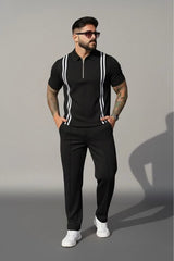 Strip Zip-up Polo Style 2 Pcs Set