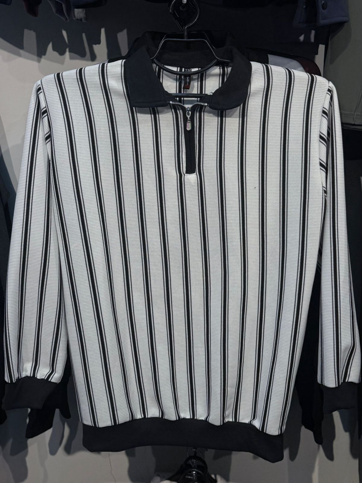 Black & White Striped Zip Collar Sweatshirt